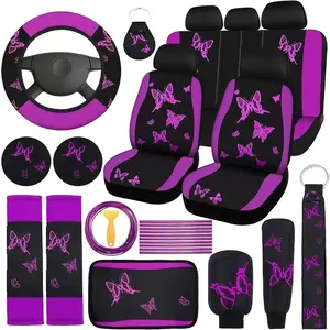 Butterfly Theme Car Interior Set, Includes 5-Seat Polyester Seat Covers, Steering Wheel Cover, Seat Belt Pads, Gear Shift Cover, Armrest Cover, Air Vent Trims, Interior Strips & Keychain, All-in-One Auto Decor Refresh Kit
