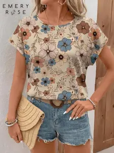 EMERY ROSE Women's Casual Retro Floral Pattern Round Neck Shirt, Suitable For Summer