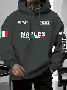 Men's Naples Italy Print Hoodie, Drawstring & Kangaroo Pocket, Comfortable Casual Fashion, Fall Winter New, Soft Skin-Friendly Fabric