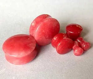 PAIR Red Jade Stone Double Flare Plugs Organic Natural Gauges Earlets Tunnels
