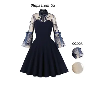 Hollow Mesh Splicing Retro Dress for Women - Casual Knee-Length Long Sleeves Machine Washable Spring Wear Elegant Outfits with Embroidery Style Fashion