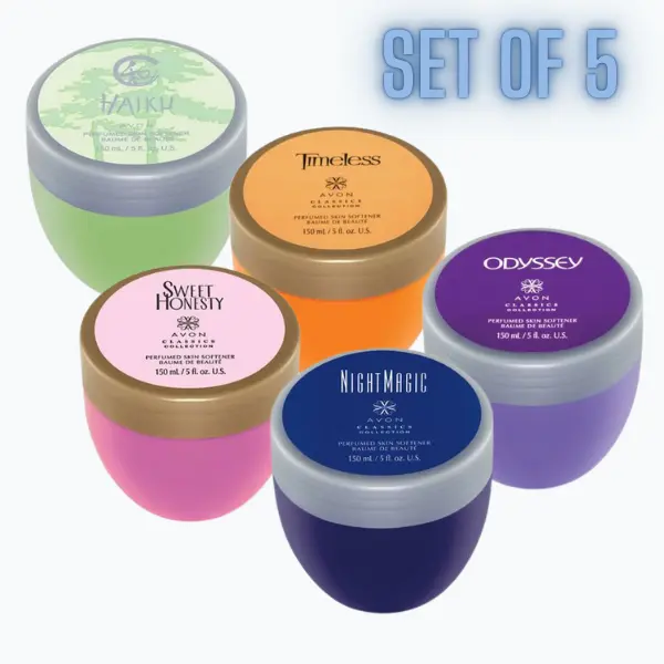 Avon Skin Softener SET of 5 - Timeless, Odyssey, Sweet Honesty, Night Magic and Haiku - 2.6 oz Each. Perfumed Floral Skin Softener Set of 5.  Cream Daily