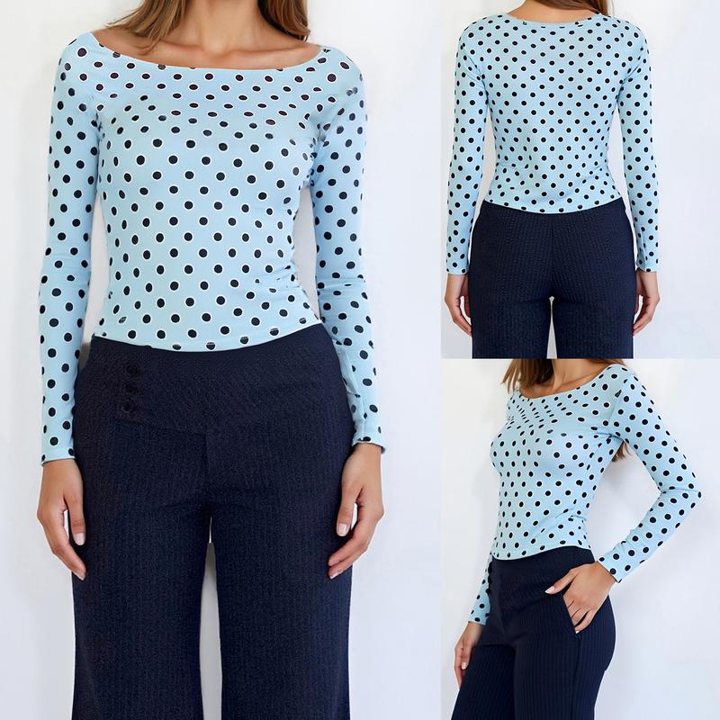 Women's Dot Print Crop Top | Fall Long Sleeve Crewneck Pullover, Casual Going Out Shirt