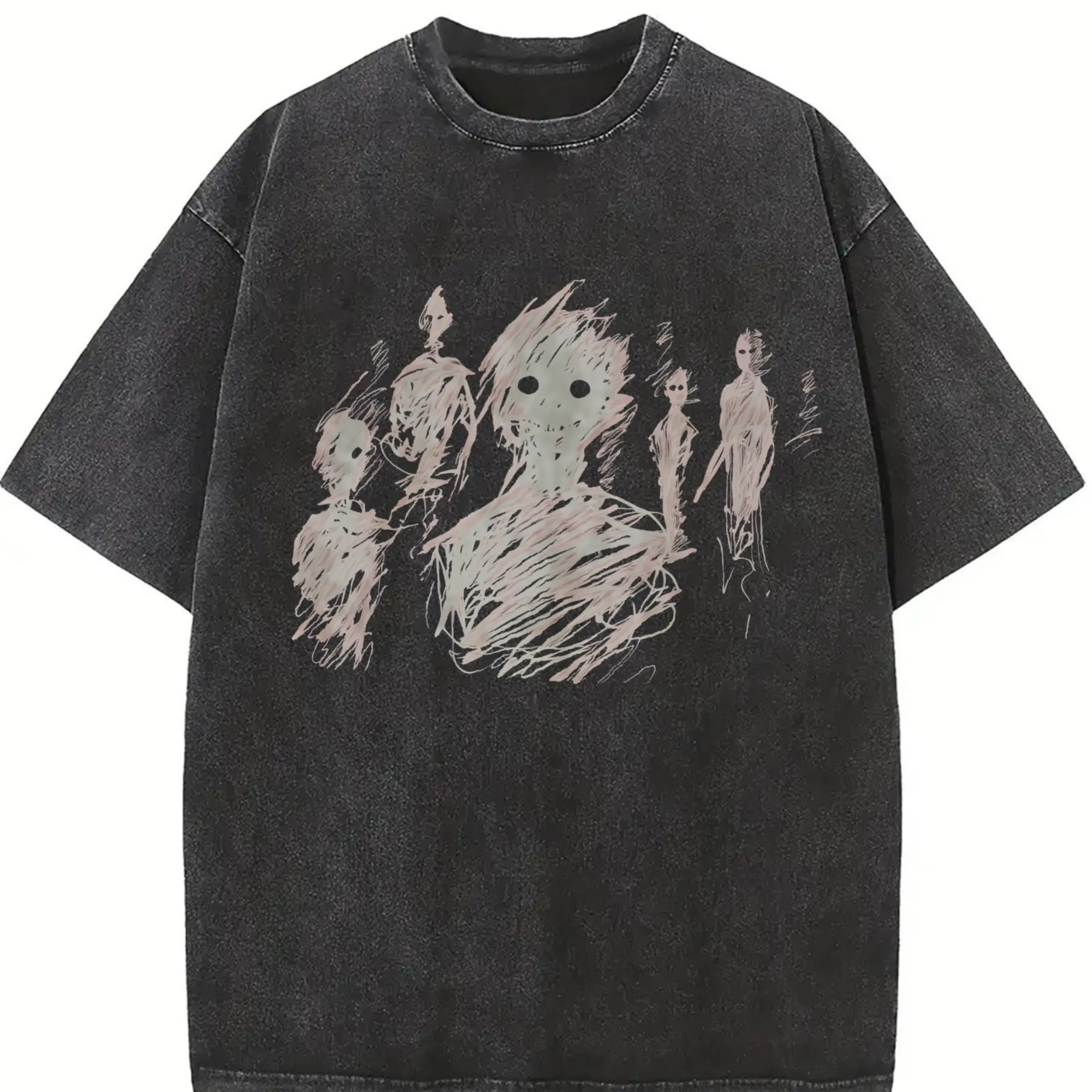 Vintage Style Washed Oversized T-Shirt | Black with Abstract Character Print, Unisex Casual Streetwear, Loose Fit, Crew Neck, Comfortable for All Seasons, Retro T-Shirt
