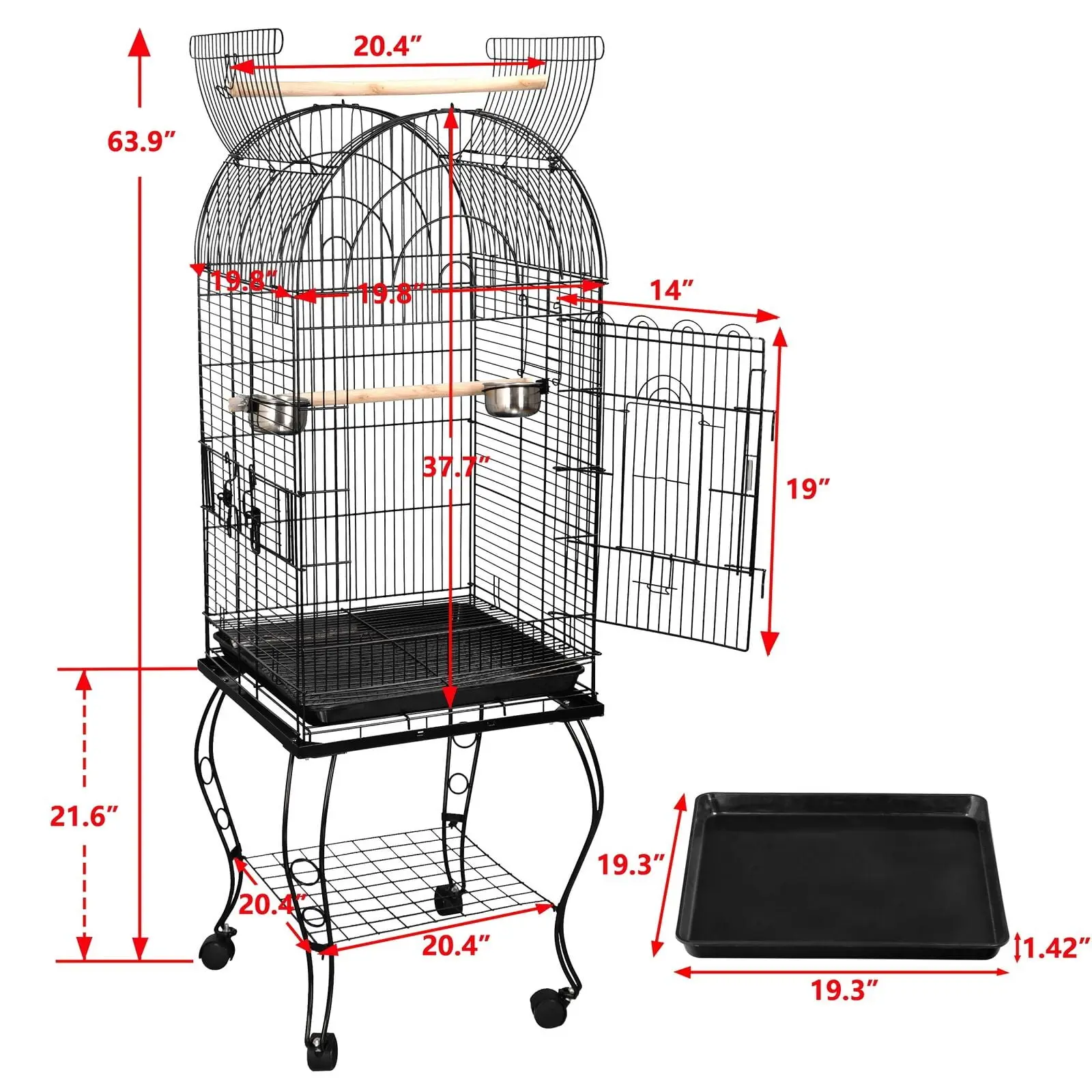 Segawe 63.9" Open-Top Rolling Dome Birdcage - Metal Frame, Detachable Stand, Portable Durable Iron Build, Black, for Quaker Parrots, Bird Supplies, Birdcages