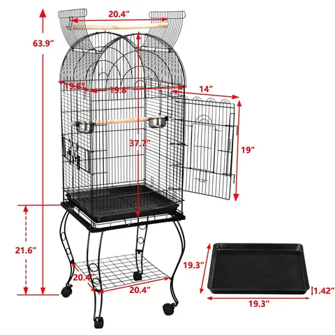 Segawe Premium Open-Top Rolling Dome Birdcage - 20.4x20.4x63.9in Coated Metal Frame, 25.9 lbs, Detachable Base, 2 Perches, Brake-Stays Wheels, Safety Lock, Odor-Resistant Plastic, Lead-Free Paint, Composite Doors, Black, for Quaker Parrots, Bird Supplies