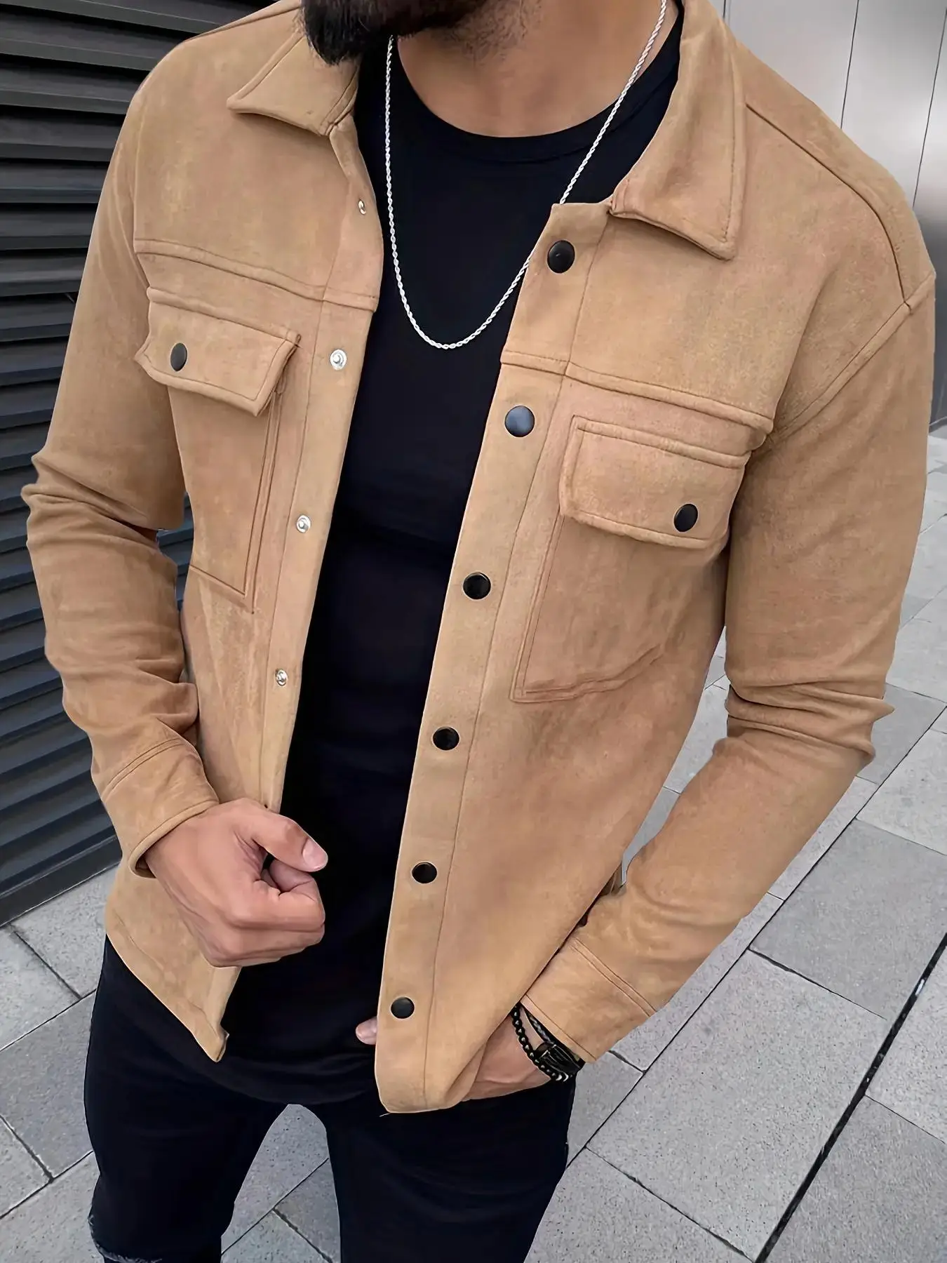 Men's Solid Color Button Front Pocket Suede Jacket, Regular Fit Casual Long Sleeve Collared Outerwear for Spring & Fall, Fashion Men's Clothes for Dai