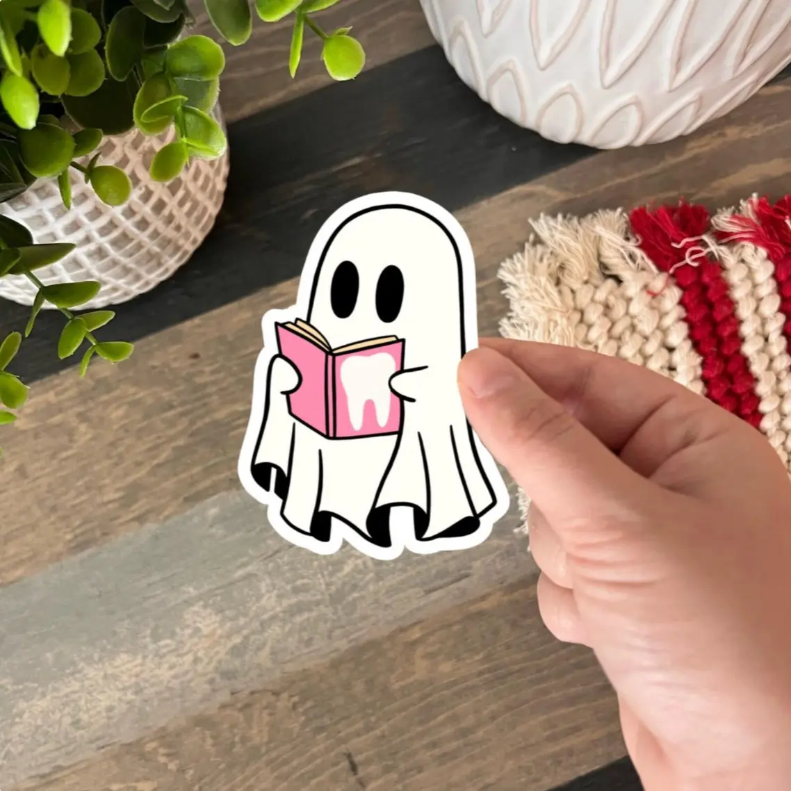 Dental Durable Vinyl Sticker Cute Ghost Reading Dental Book