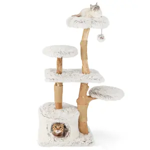 COSTWAY - Modern Cat Tree 53 Inch Tall Natural Branch Wooden Cat Tower with Jute Scratching Posts-White