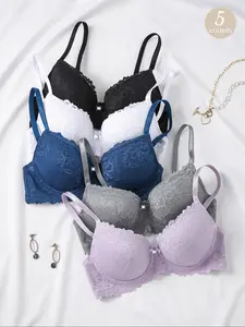 Women's Floral Lace Bow Decor Underwire Bra, Comfortable Breathable Adjustable Straps Push Up Bra, Women's Lingerie for Daily Wear, Soft Comfy Bra