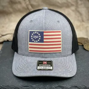 USA 250th Birtday Betsy Ross 13 Star Design Leather Patch Trucker Hat, Patriotic Trucker Cap, Adjustable Snapback