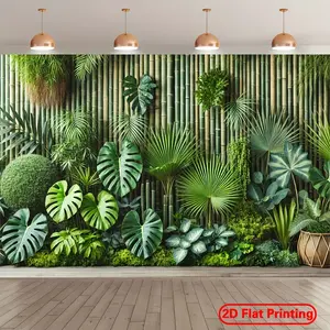 2D flat banner, 1 piece  Tropical bamboo fence with green leaves background banner - Durable polyester fiber photography background, suitable for parties, kdj, Outdoor Banners, Decor, Party Decorations Banners