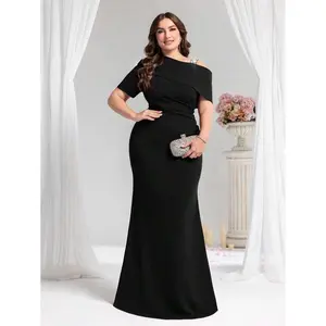 Plus Size Asymmetrical Beaded Embellished Polyester Formal Evening Party Dress for Wedding Guests Fit Women