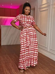 Chic Plus Size 2 Piece Grid Print Set, Tie Knot Crop Top & High Waist Flowy Maxi Skirt, Casual Workwear, Multiple Color Options