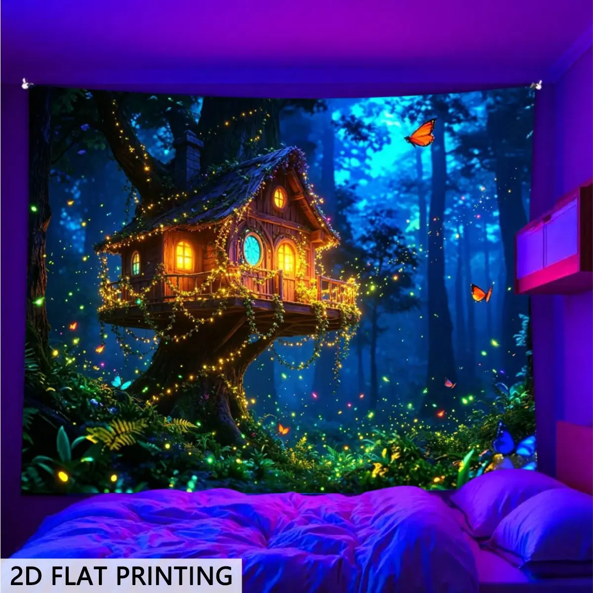 2D Flat Glow-in-the-Dark Fairy Forest Art Print Tapestry - UV/Blacklight Reactive Indoor Wall Hanging with Enchanted Treehouse, Fireflies, Butterflies, UV-Activated Night Glow - Fairycore Boho Home Decor for Bedrooms, Dorms, Wall Decor, Whimsical Home Dec