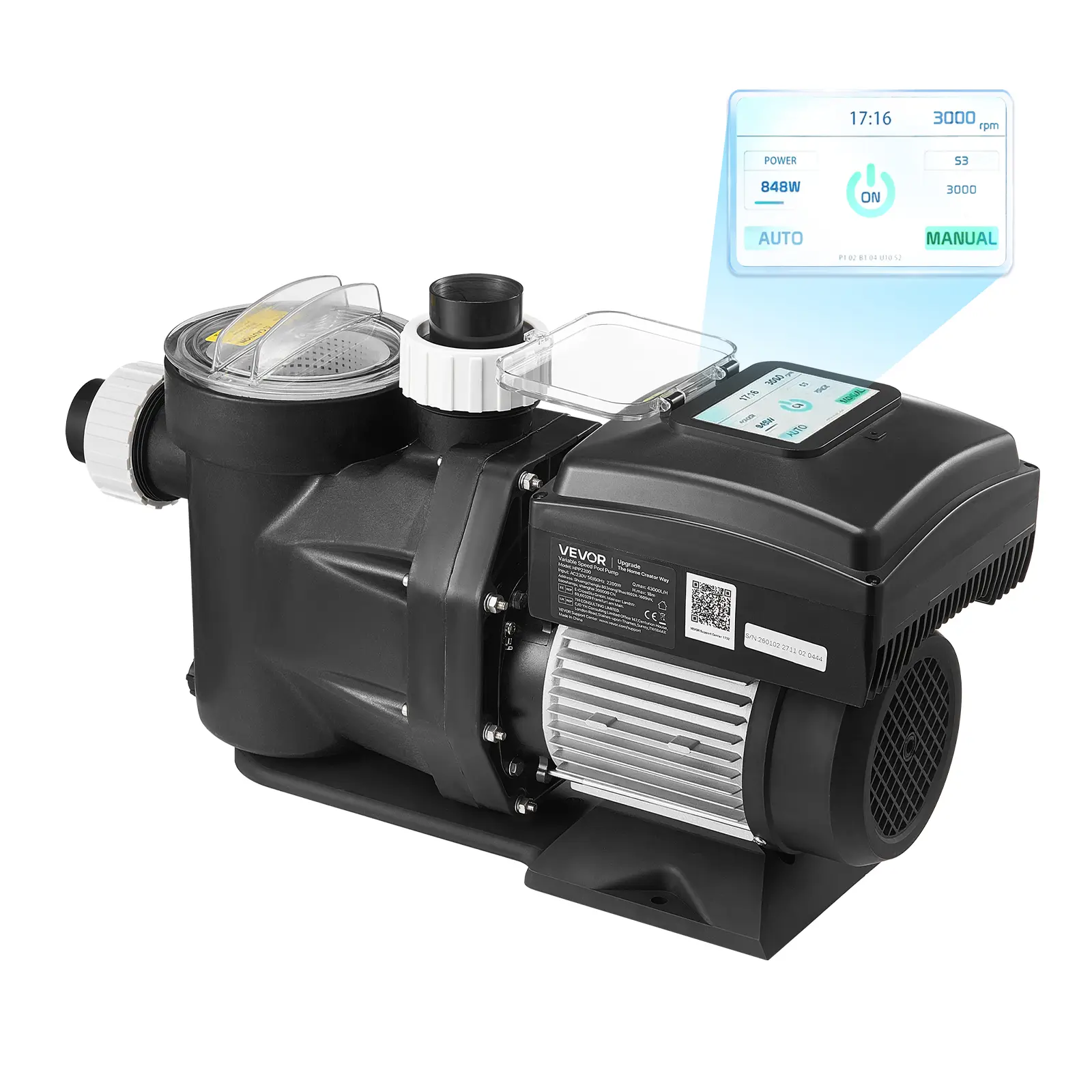 VEVOR Variable Speed Pool Pump, 3 HP, AC 220-240V, 190 GPM, In/Above Swimming Pool Pump with Filter Basket, Powerful Self Priming, Programmable Timer, for Inground and Above Ground Swimming Pool#BacktoSchool