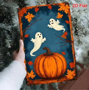 Vintage Halloween Wall Decor Featuring Spooky Pumpkin and Ghosts Rustic Metal Sign Ideal for Living Room and Office Gift for Halloween Lovers