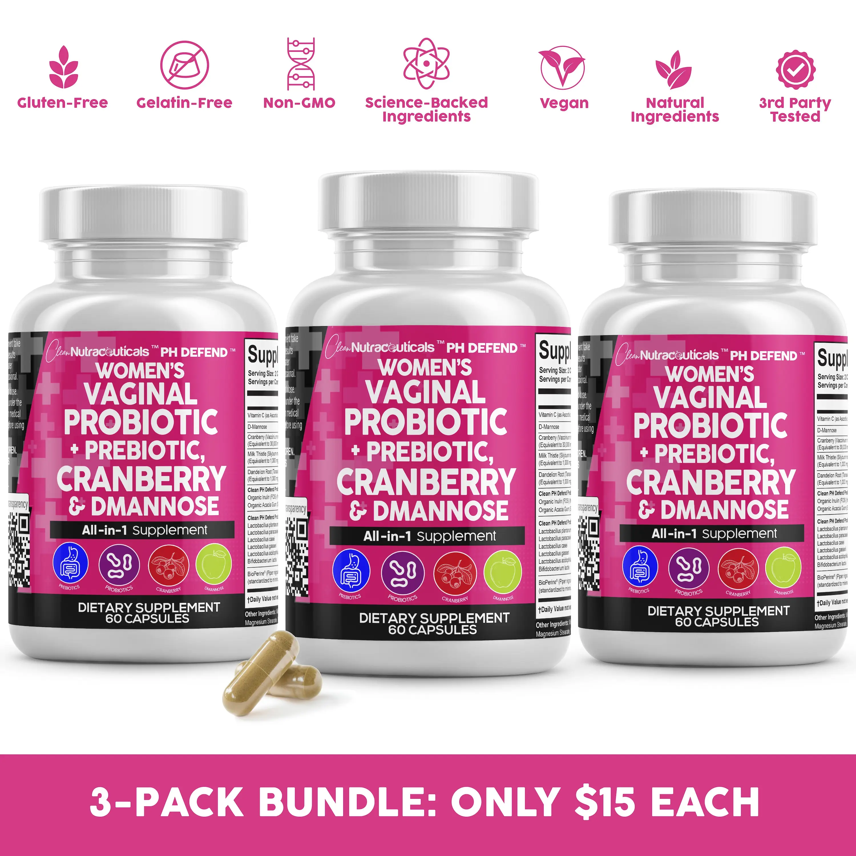 Clean Nutra PH Defend Women's Probiotic & Prebiotic 3-Pack Supplement for Vaginal pH Balance, Odor Control & Urinary Tract Support