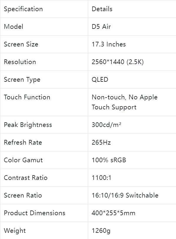 EHOMEWEI D5 Air 265Hz QLED Gaming Monitor 17.3" 2.5K,2560* 1440 300NIT 100% sRGB 16:10 Widescree,GamingMonitor for Laptop PC/Phone/PS5/Xbox Screen Display