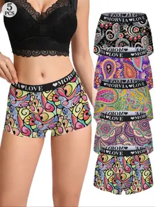5-Pack Women's Paisley Pattern Underwear, Soft Comfortable Mid-Rise Seamless Boxer Shorts, No Roll Edges, All-Season Elastic Waist, Soft Comfy Panties