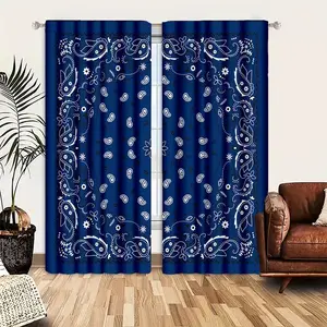 2 elegant blue floral printed curtains, Window Curtain, semi transparent art design, made of polyester material, blending flowers and leaves, suitable for decorating living rooms or bedrooms