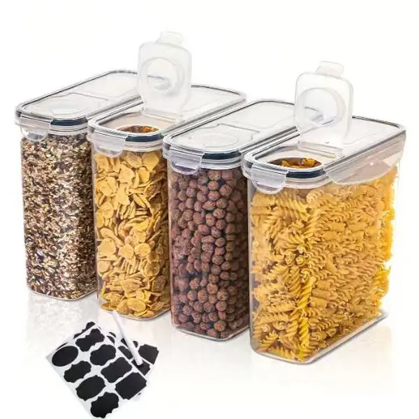 4pcs BPA-Free Plastic Food Storage Containers - Airtight 4-Sided Locking Silicone Seal Black Lids, 2L/67.63oz Leakproof Dishwasher-Safe Kitchen Organizer Kits with Easy Dispensing, Keeps Grains Dry, Free Returns