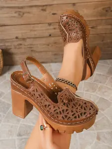Women's Hollow Out Chunky Heel Sandals, Open Toe High Heels Roman Shoes, Summer Breathable Comfort Casual Women's Footwear, Chunky Heeled Sandals