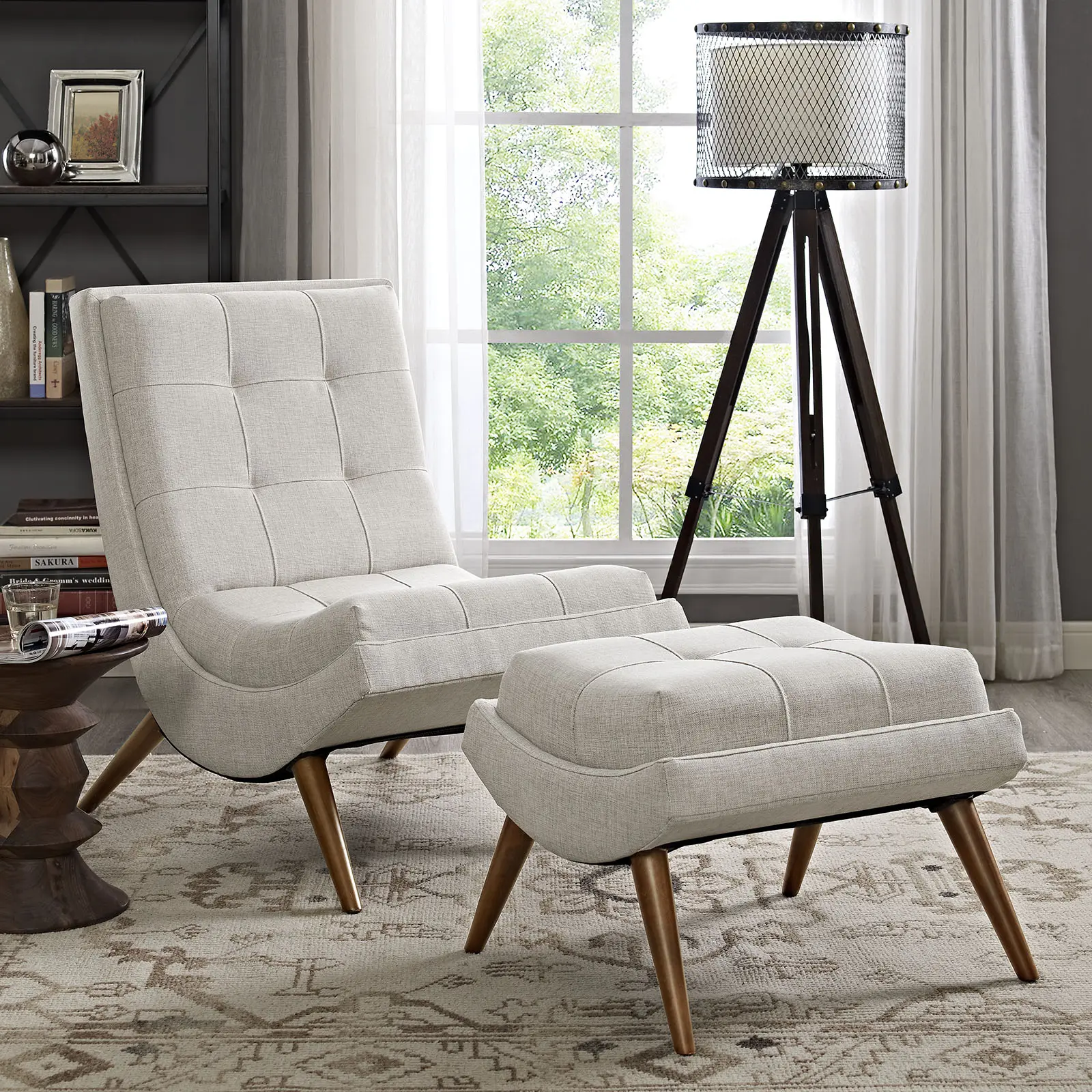 Modway Ramp Single Seat Upholstered Fabric Lounge Chair, Modern Tufted Buttons Design, Fixed Back, Dense Foam, Cherry Stained Wood Legs, Ideal for Modern Living Rooms, Sand Color, Lounge Spaces
