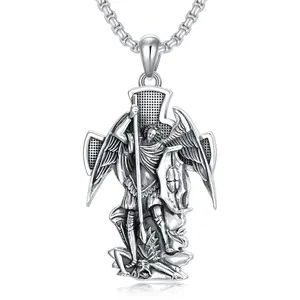 S925 Sterling Silver Archangel Saint Michael Cross Pendant Necklace for Men and Women TikTokShopBlackFriday