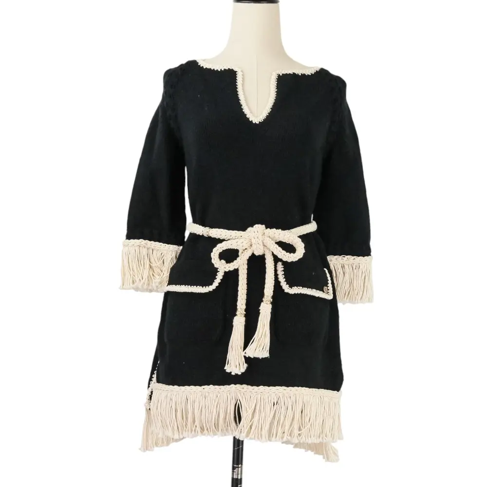 Pre-owned CHANEL Cotton Small Leather Goods Fringed Tweed Dress