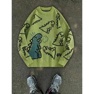 Men’s cartoon dinosaur print drop-shoulder sweater, loose casual long-sleeve crewneck jumper for autumn and winter, fashionable men’s knitwear for everyday wear