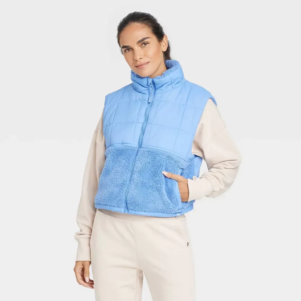 Women's Soft Woven High-Pile Quilted Padded Warmth Vest - JoyLab Light Blue XL Polyester Activewear with Zipper, Stylish Layer for Tops for Women Pairing