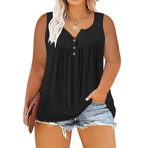 VOGRACE Plus Size Tank Tops for Women Summer V-Neck Sleeveless Henley Shirts with Buttons Loose Fit Pleated Flowy Tunics RPS2071
