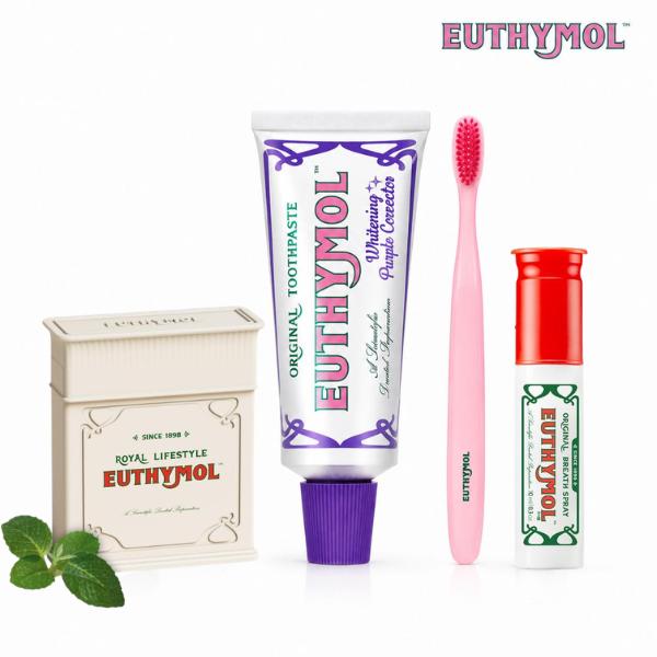 Euthymol Affordable Glossy Teeth Routine Set (Pink/Purple) - Removes Coffee & Tea Stains, Instantly Brightens Yellow & Sensitive Teeth, 1100ppm Fluoride, Cavity Protection, Toothbrush, Dental Floss, Mouth Breath Spray, Korean Oral Care Euthymol Affordable Glossy Teeth Routine Set (Pink/Purple) - Removes Coffee & Tea Stains, Instantly Brightens Yellow & Sensitive Teeth, 1100ppm Fluoride, Cavity Protection, Toothbrush, Dental Floss, Mouth Breath Spray, Korean Oral Care