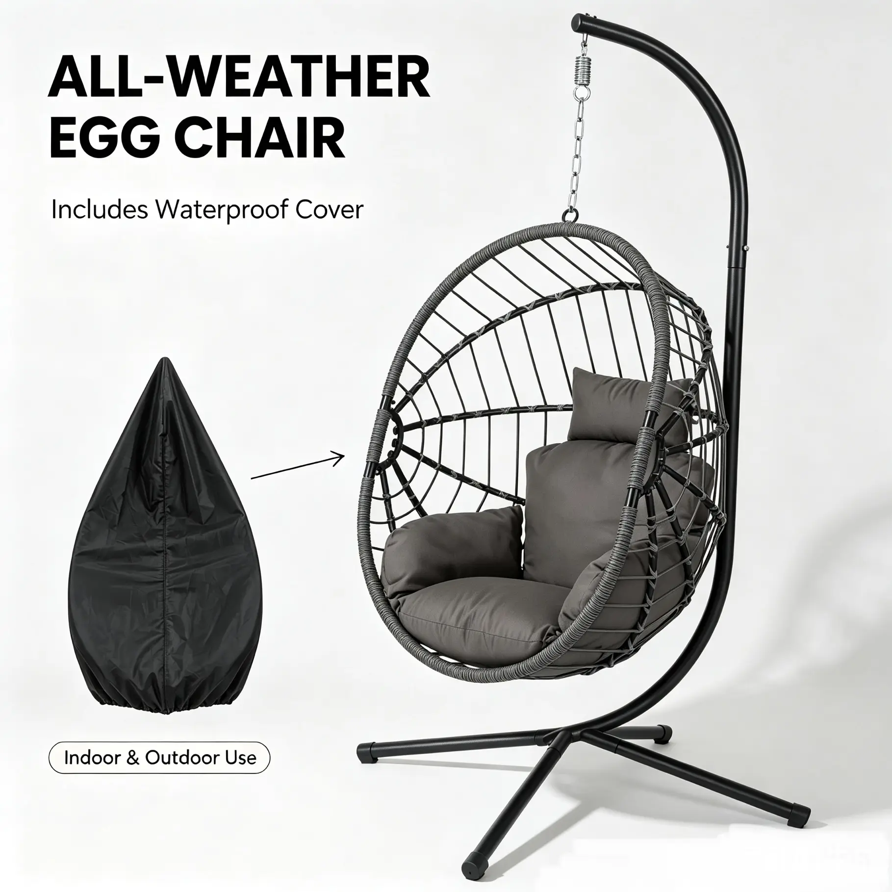 Egg Chair with Stand & Rain Cover – Foldable Wicker Rattan Chair with Cushion, Waterproof Outdoor Patio Garden Balcony, SummerVibes