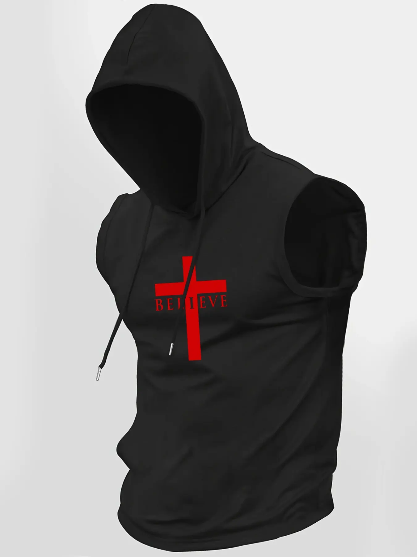 Men's Summer Casual Sport Athletic Fashion Activewear Hoodie Vest, Kangaroo Pocket Design, Knitted Fabric, Cross Pattern, Sleeveless Hooded Top for Outdoor Activities, Gym Athletic Clothes, Sleeveless Sports Top, Athletic Sports Clothing