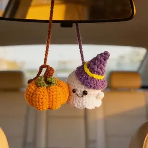 Key Charm Crochet Ghost & Pumpkin Rear View Mirror Hanging Car Charm Handmade Cute Halloween Fall Spooky Season Ornament
