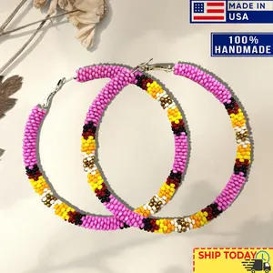 Handmade 3 inch Hoop Round Pattern Beaded Earrings for Women