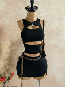 Dark Punk Hollow Out Set, American Style Waist Cut-Out Vest & High-Waist Bodycon Skirt Two-Piece, Trendy Streetwear for Parties