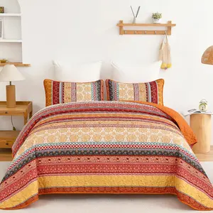 Boho Stripe Set Queen Size, 3 Pieces Orange Bohemian Sets, Lightweight Soft Microfiber Bedspread Coverlet Bedding Set for All Season (96"x90")