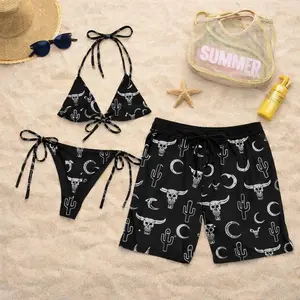 Matching Desert Cow Skull & Moon Couples Swimwear Set - Western Goth Bikini, Moisture Wicking Polyester Blend Swim Trunks, Adjustable Strings, Celestial Festival Beachwear, 1-Layer Suncatcher, Father's Day Gift Idea