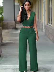 Women's European and American Style Jumpsuit, Basic High Waist V Neck, Irregular Wide Leg Pants with Belt & Pockets, Casual Sexy Streetwear