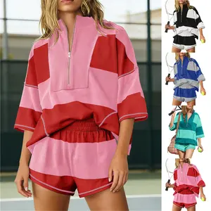 WoodBerry Women's Two Piece Workout Set Striped Short Sleeve Oversized Shirts Wide Leg Shorts Sets Summer Lounge 2 Piece Tracksuit with Pockets Tennis Sport Outfits for Daily