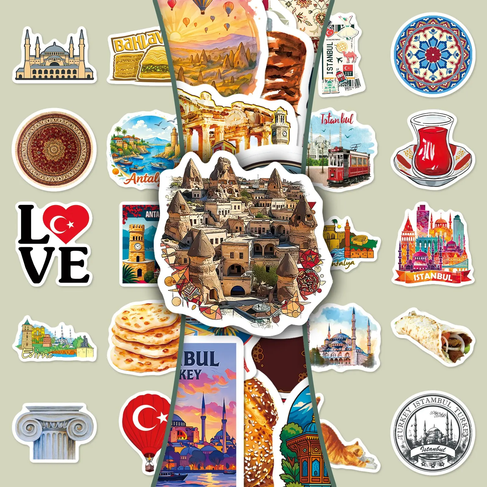 100 Sheets, Two Sets of Repetitive Turkish Travel Journal Stickers: Creative Architecture, Food, and Decorative DIY Scrapbooking Stickers