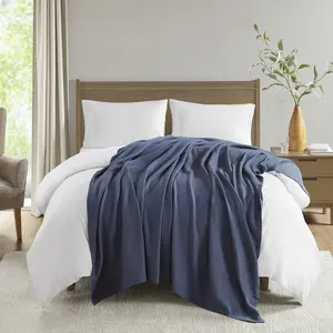 360 Stand Breathable Bed Blanket - Liquid Cotton Throw, Full & Queen Size (90x90x0.25in), Gentle Soft, Lightweight Breathable, Soft Warm Navy Bedding, Cotton Throw Blanket