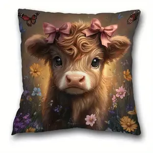 1pc Bohemian Highland Cow Plush Pillowcase - Double-Sided Cute Brown & White Cow with Pink Bow & Vibrant Floral Pattern, Zipper Closure, Hand Wash Only, Decorative Throw Pillow Cover for Farmhouse, Rustic Home Decor (No Insert) - Animal-Themed Gift