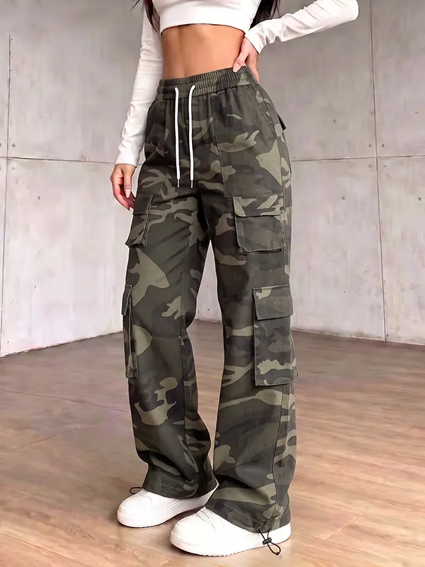 LIFE KEEPS MOVING — one women’s camouflage cargo pants featuring multiple pockets and an adjustable drawstring waist; casual workwear with a street style; versatile and lightweight, quick-drying—ideal for everyday wear, home, streetwear, commuting, and mo