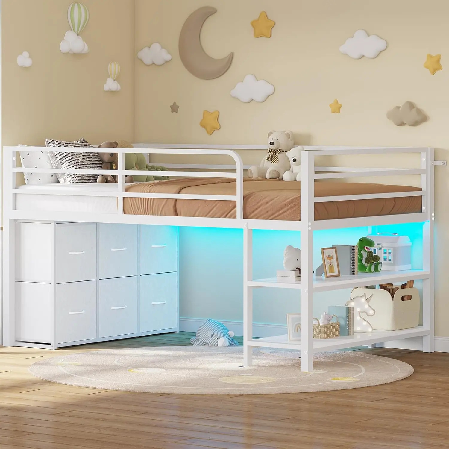[SummerSale] Sikaic Twin Size Low Loft Bed with 6 Storage Drawers, LED Lights & 2-Tier Storage Shelves, Metal Loft Bed with 15" High Stairs and Safety Guardrail, Space-Saving Design, White, Home Furniture, Dorm Essentials