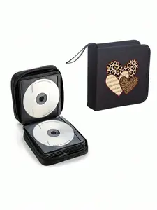 Leopard Heart Pattern CD DVD Storage Box, Portable Case with Zipper Closure, Soft Lining, Reinforced Stitching, Waterproof Media Bag