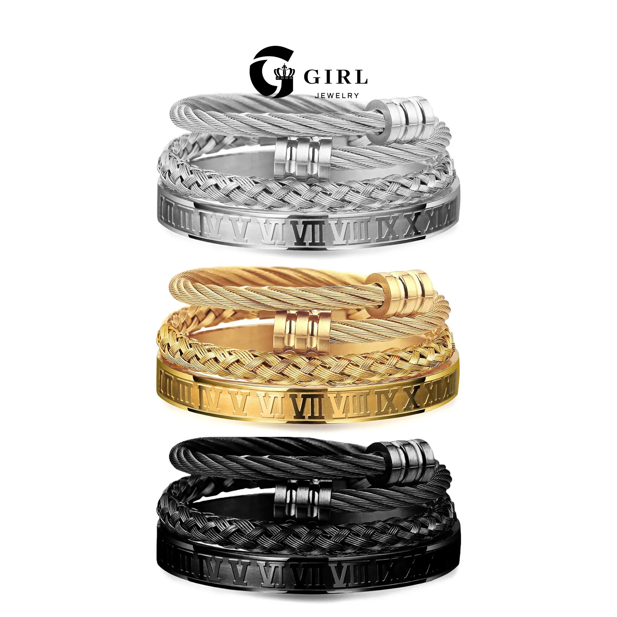 GGIRL 3Pcs/Set Adjustable Detachable Men Cuff Bracelets, 18K Gold Plated Black Silver Color Stainless Steel Twisted Wire Stack Layer Bangles, Vintage Roman Numeral Engraved Minimalist Hip Hop Jewelry for Men,Trendy Street Wear Accessory,Nice Gift for Him